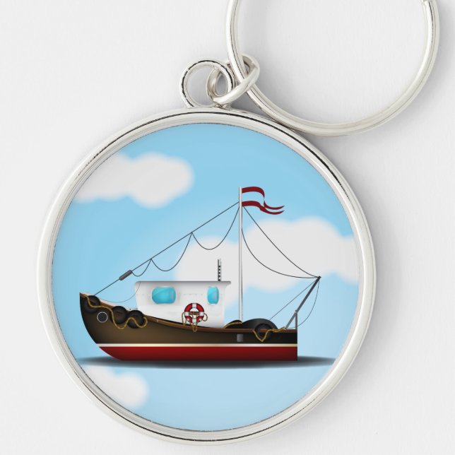 Fiskebåt Rund Silverfärgad Nyckelring (Framsidan)