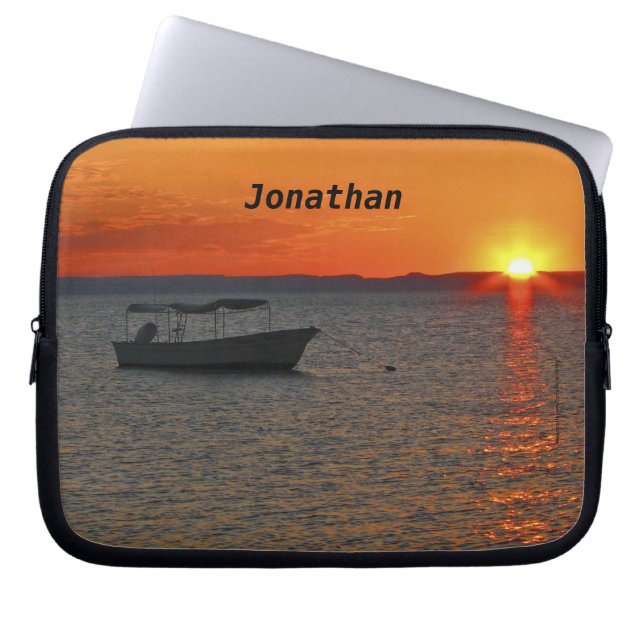 Fiskebåt, solnedgång i Orange, Namn, dator Laptop Sleeve (Framsidan)