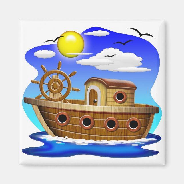 Fiskebåt Tecknad Bild Magnet (Framsidan)