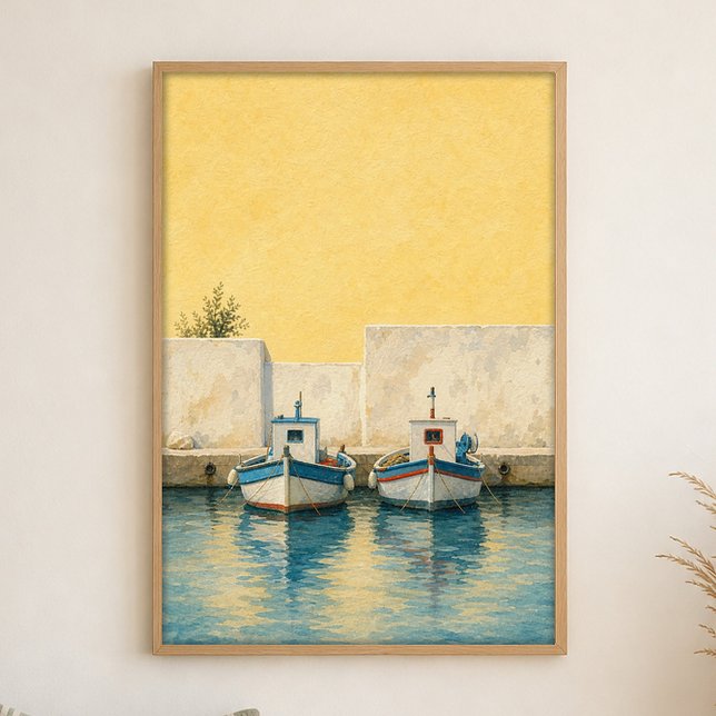 Fiskebåtar i en liten hamn Vattenfärg Poster (Shown framed for scale. Poster ships unframed; frames are an optional add-on.)