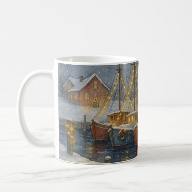 Fiskebåtar i hamn jul kaffemugg (Vänster)