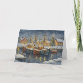 Fiskebåtar i hamnjullkort tack kort