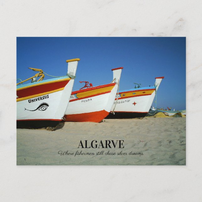 Fiskebåtar på Algarves strand foto Vykort (Framsida)