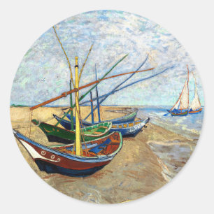 Fiskebåtar på Saintes-Maries Beach - Van Gogh Runt Klistermärke