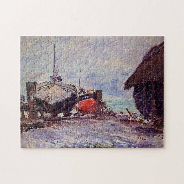 Fiskebåtar vid Étretat Monet Fine Art Pussel (Horisontell)