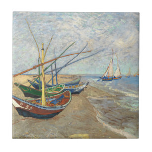 Fiskebåtar vid stranden av Vincent Van Gogh Kakelplatta