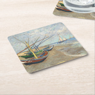 Fiskebåtar vid stranden av Vincent Van Gogh Underlägg Papper Kvadrat