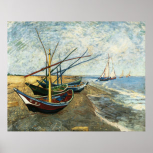 Fiskebåtar vid stranden vid Saints-Maries Poster