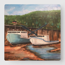 Fiskebyn, originalhandmålad teckning fyrkantig klocka