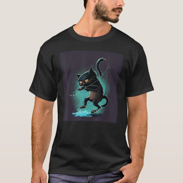 Fiskedocka för svart katt 1 t shirt (Framsida)