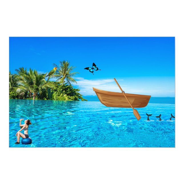 Fiskefartyg Fototryck (A digital illustration features a vibrant tropical scene with a woman, a boat, and various elements!)