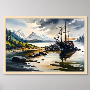 Fiskefartyg vid målarfärg vid floden Sten och skog Poster