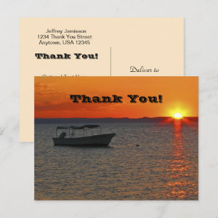 Fiskefartyg vid solnedgång, vykort för Tack