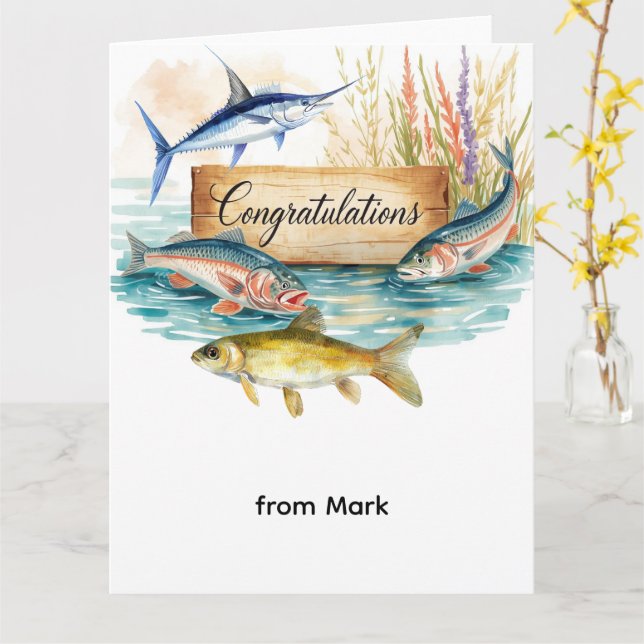 Fiskelycka Grattis till Anglers akvarell  Kort (Gul blomma)