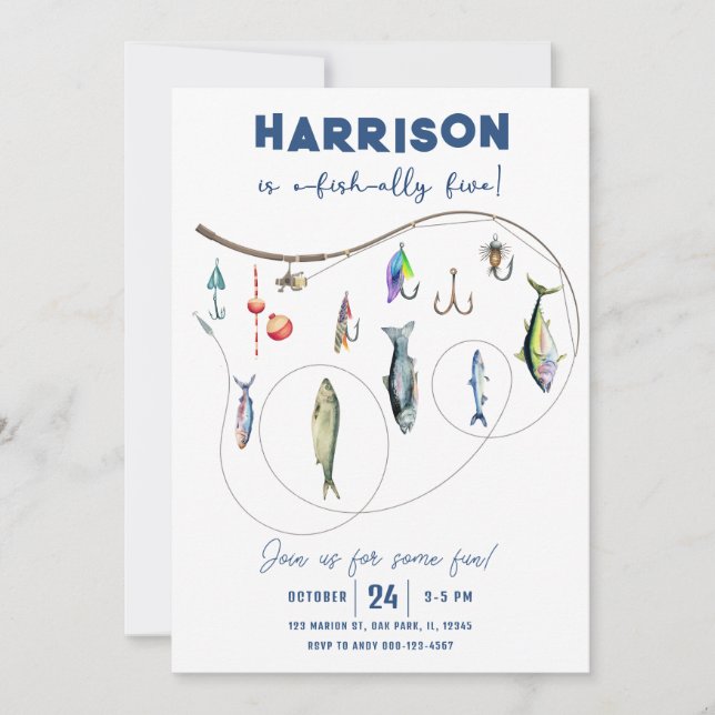 Fiskepojke O-Fish-Ally Fem födelsedagar Inbjudningar (Framsida)