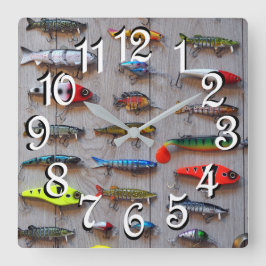 Fiskerätt Lures Man Cave Wall Clock för fiskare Fyrkantig Klocka