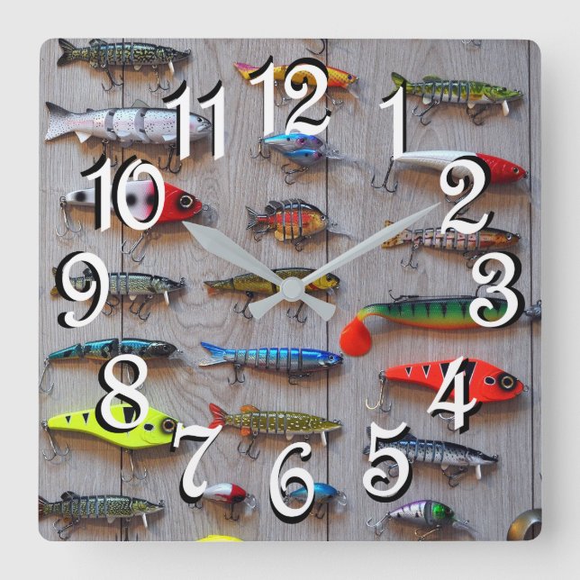 Fiskerätt Lures Man Cave Wall Clock för fiskare Fyrkantig Klocka (Framsida)