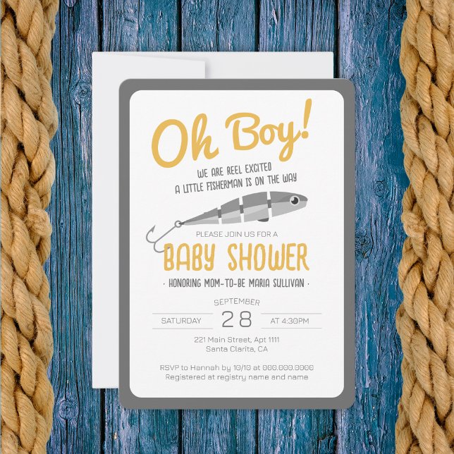 Fiskeregel Excated Oh Boy Baby Shower Inbjudningar (Fishing Reel Excited Oh Boy Baby Shower Invitation
)