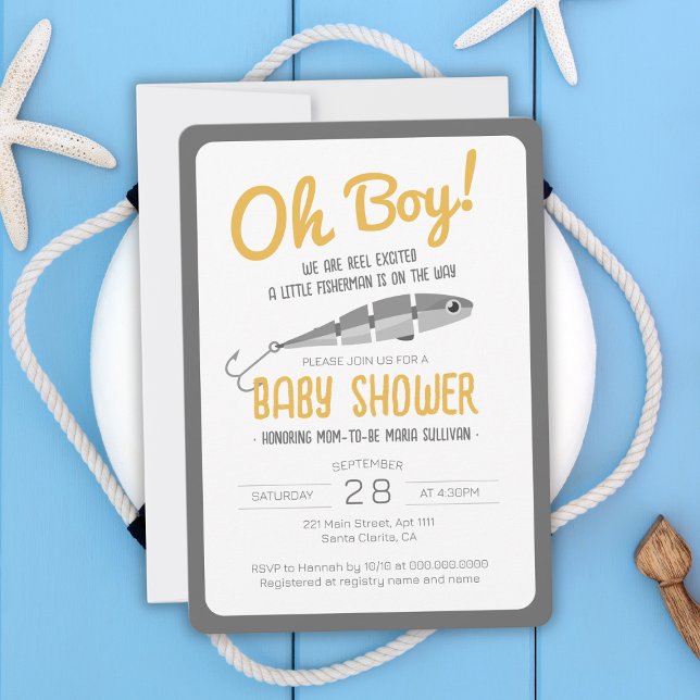 Fiskeregel Excated Oh Boy Baby Shower Inbjudningar (Fishing Reel Excited Oh Boy Baby Shower Invitation
)