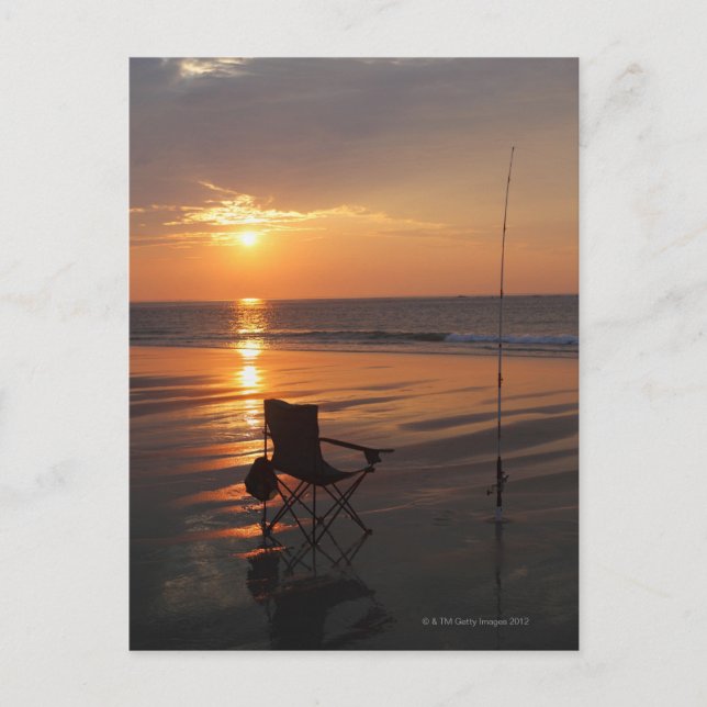 Fiskespö och stol vid havet i tidigt vykort (Framsida)