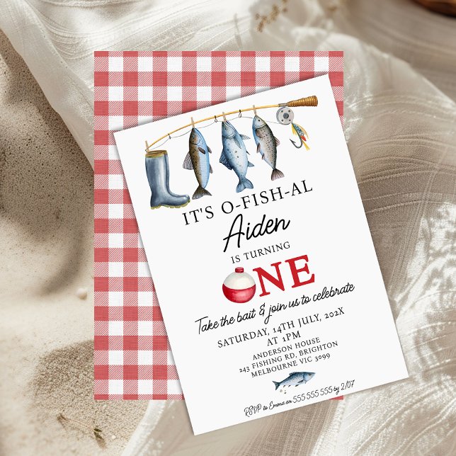 Fiskespö till Boots Det är O-Fisk-ALT 1-årsdag Inbjudningar (It's O-fish-al 1st Birthday Invitation Boy, Ofishally One, Fishing Themed First Birthday Invite, )
