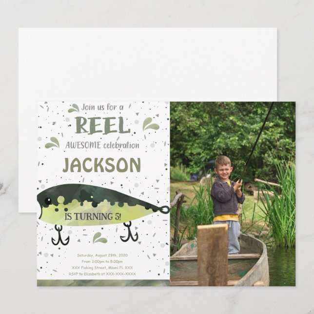 Fisketema Födelsedagsfoto Inbjudan (Fram/baksida)