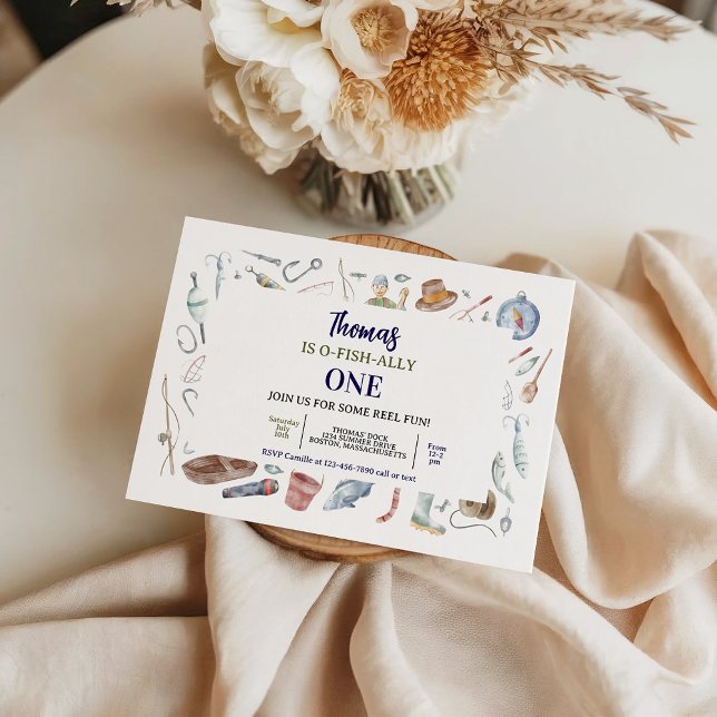 Fisketema inbjudan till 1-årsdag | O-Fisk-Allt Ett (Fishing 1st Birthday Invitation | O-Fish-Ally One invitation)