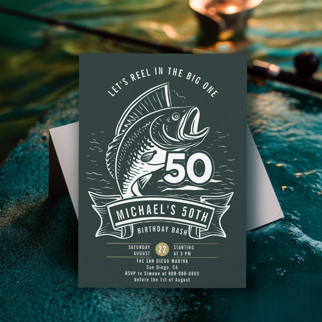 Fisketema Stora massan i Manar 50:e födelsedagen Inbjudningar (fishing 50th birthday invitation men big one bass fish reel rod elegant modern simple classy)
