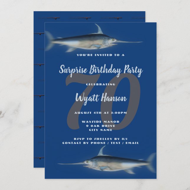 Fisketerisk ålder stort antal födelsedagsblått inbjudningar (Fram/baksida)