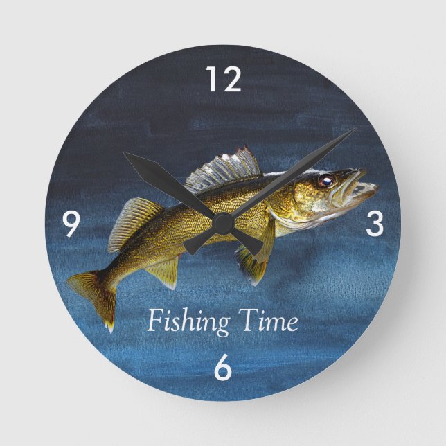 "Fisketid" med Walleye Pike Round Clock Rund Klocka (Framsida)
