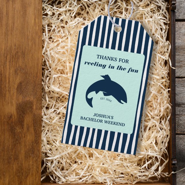 Fisketur Sjungkarl Nautiskt Tack Presentetikett (Fishing Bachelor Party Nautical Thank You Gift Tags)