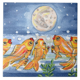 Fiskfamilj och Måne Blue 6-tums Tile Trivet Kakelplatta