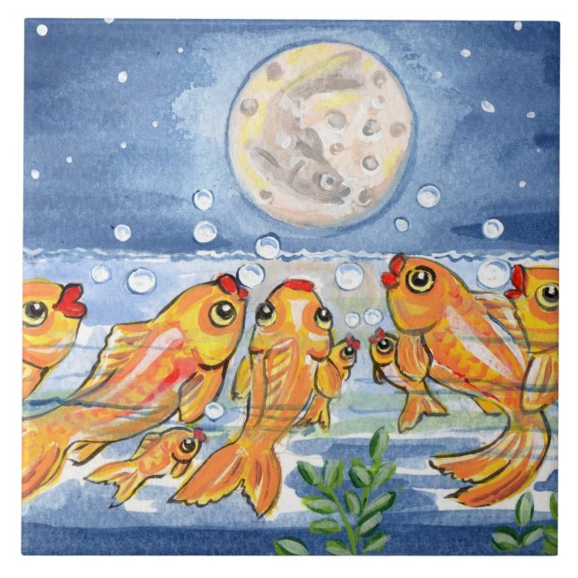 Fiskfamilj och Måne Blue 6-tums Tile Trivet Kakelplatta (Framsidan)