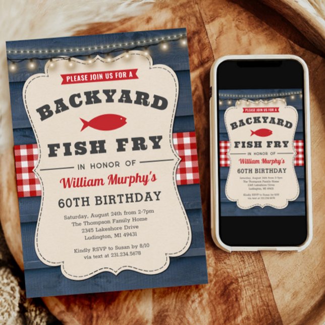 Fiskfjälle 60:e födelsedagsinbjudan inbjudningar (Backyard Fish Fry 60th Birthday Invitation)