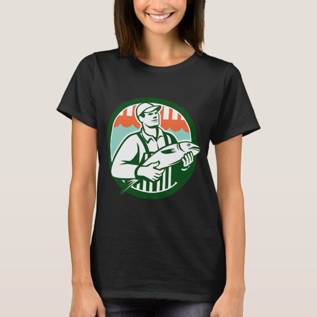 Fiskhandlare som håller fisk cirkel retro t shirt (Framsida)