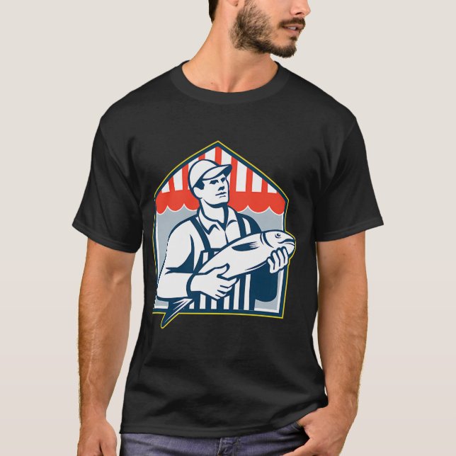 Fiskhandlare som håller fisk retro t shirt (Framsida)