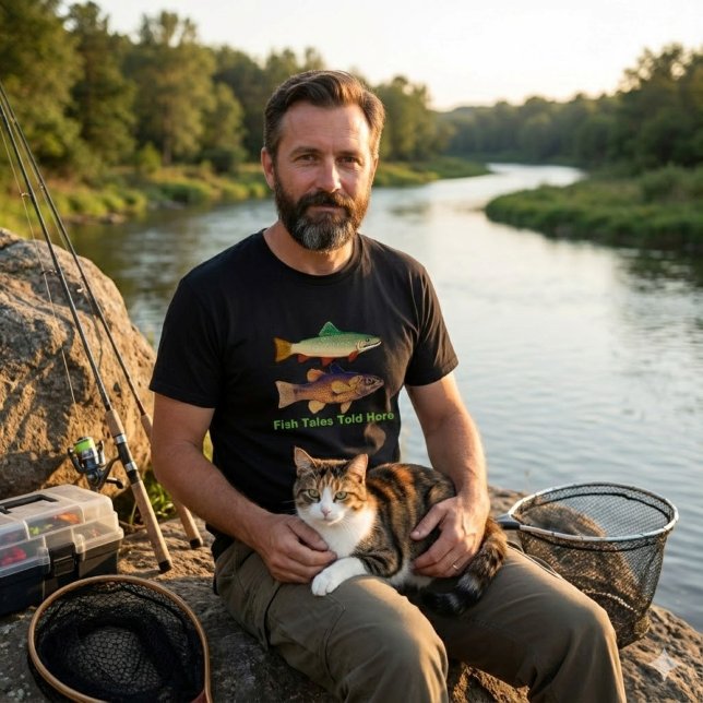 Fiskhistorier berättas här/Fiskare T Shirt (Medium weight soft and comfy Tee for guys that like to go fishing with their cat .  Great gift idea )