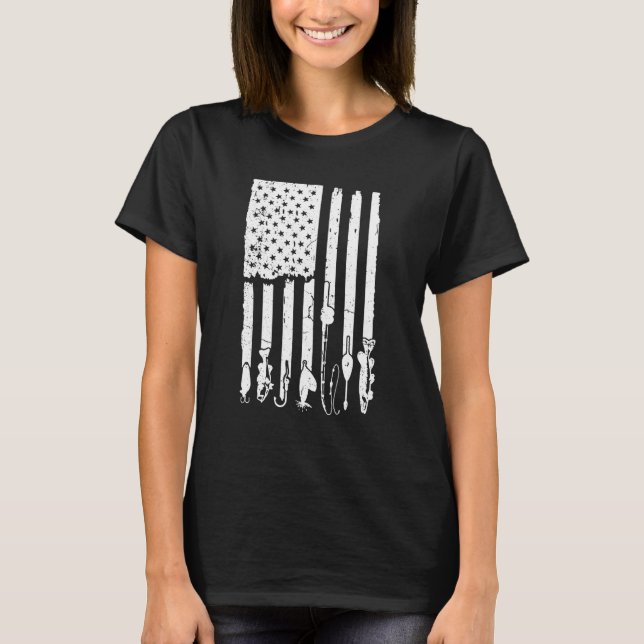 Fiskjakt Rod US Flagga Patriot T Shirt (Framsida)