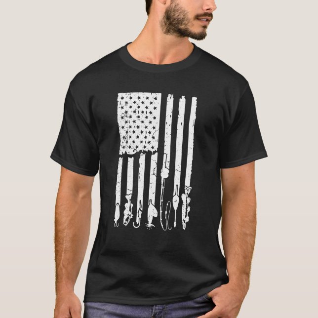 Fiskjakt Rod US Flagga Patriot T Shirt (Framsida)