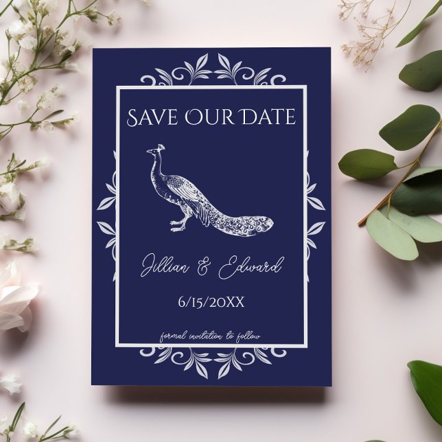 Fiskmålarter Flourish Spara datum meddelande (Navy Blue Peacock Flourish Save the Date)