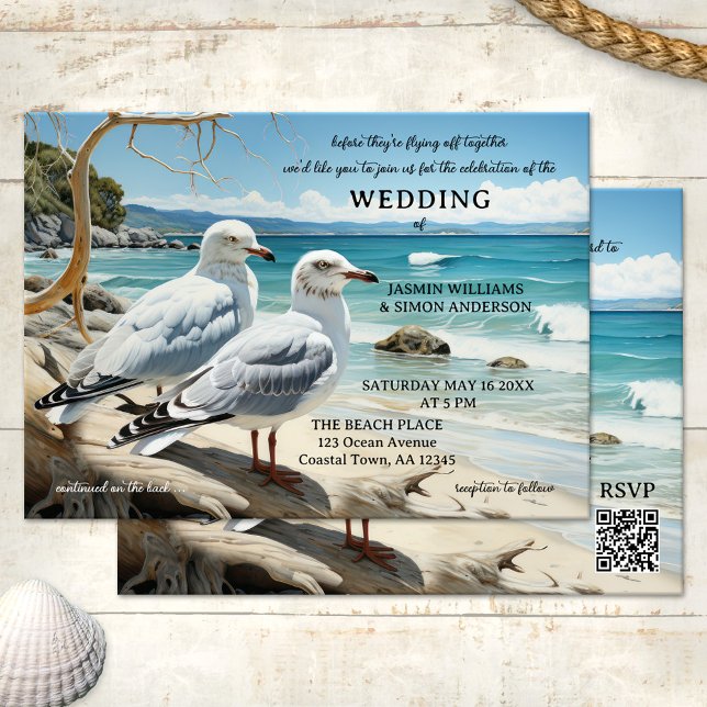 Fiskmås Beach Äventyr all i ena Bröllop Inbjudningar (All in one wedding invitation featuring two seagulls looking out at the beach)