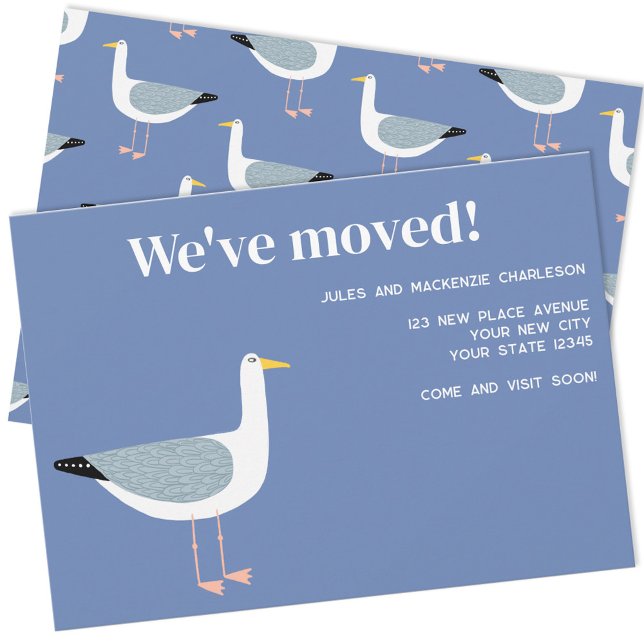 Fiskmås Flytta - nytt hem Meddelande (Fun seagull coastal moving home change of address announcement)