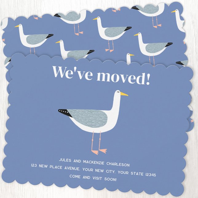 Fiskmås Flytta - nytt hem Meddelande (Fun seagull we've moved new home moving house change of address personalized announcement)