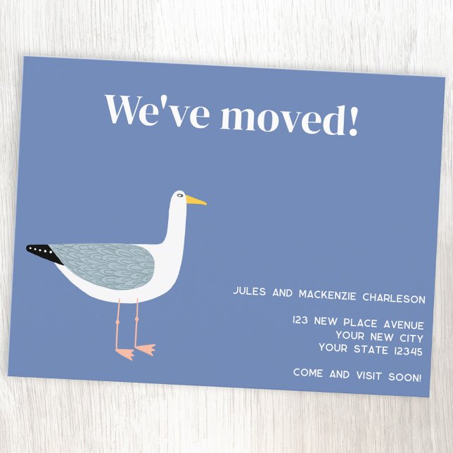 Fiskmås Flytta - nytt vykort för hemannonsering (Seagull coastal themed personalized moving new home announcement)