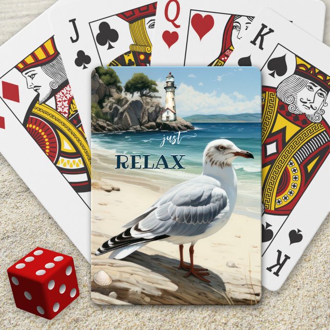 Fiskmås fyr Kuststrutsbuss Casinokort (Playing cards showing an elegant illustration of a relaxing beach scene with lighthouse and seagull)