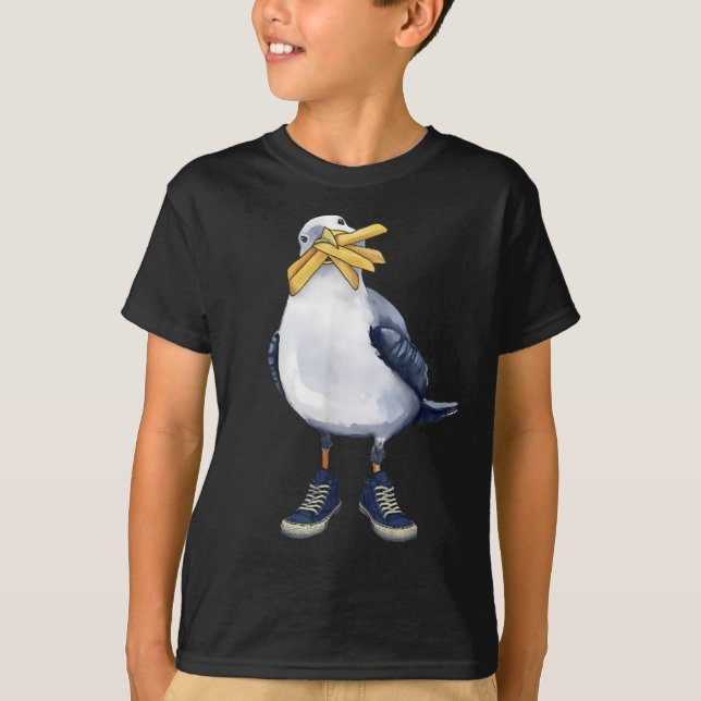 Fiskmås med färja och hylsor Roligt T-shirt.png T Shirt (Framsida)