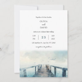 Fiskmås över Rustic Pier Watercolor Beach Wedding Inbjudningar