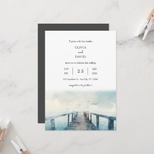 Fiskmås över Rustic Pier Watercolor Beach Wedding Inbjudningar