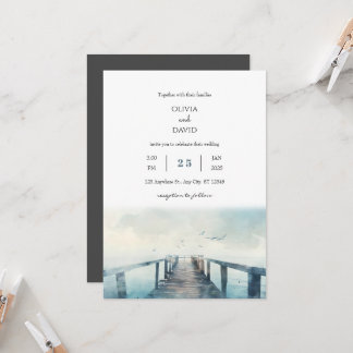 Fiskmås över Rustic Pier Watercolor Beach Wedding Inbjudningar