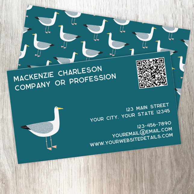 Fiskmås QR-kod Visitkort (Seagull coastal nautical personalized text QR code custom business cards)